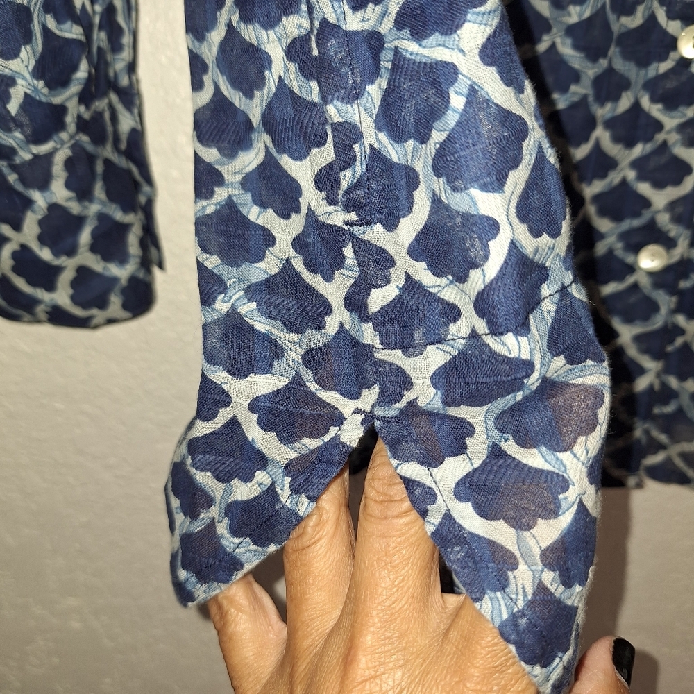 J Jill Blue Button Down Tunic Shirt W/Pockets Semi Sheer Petite Small - Picture 6 of 8